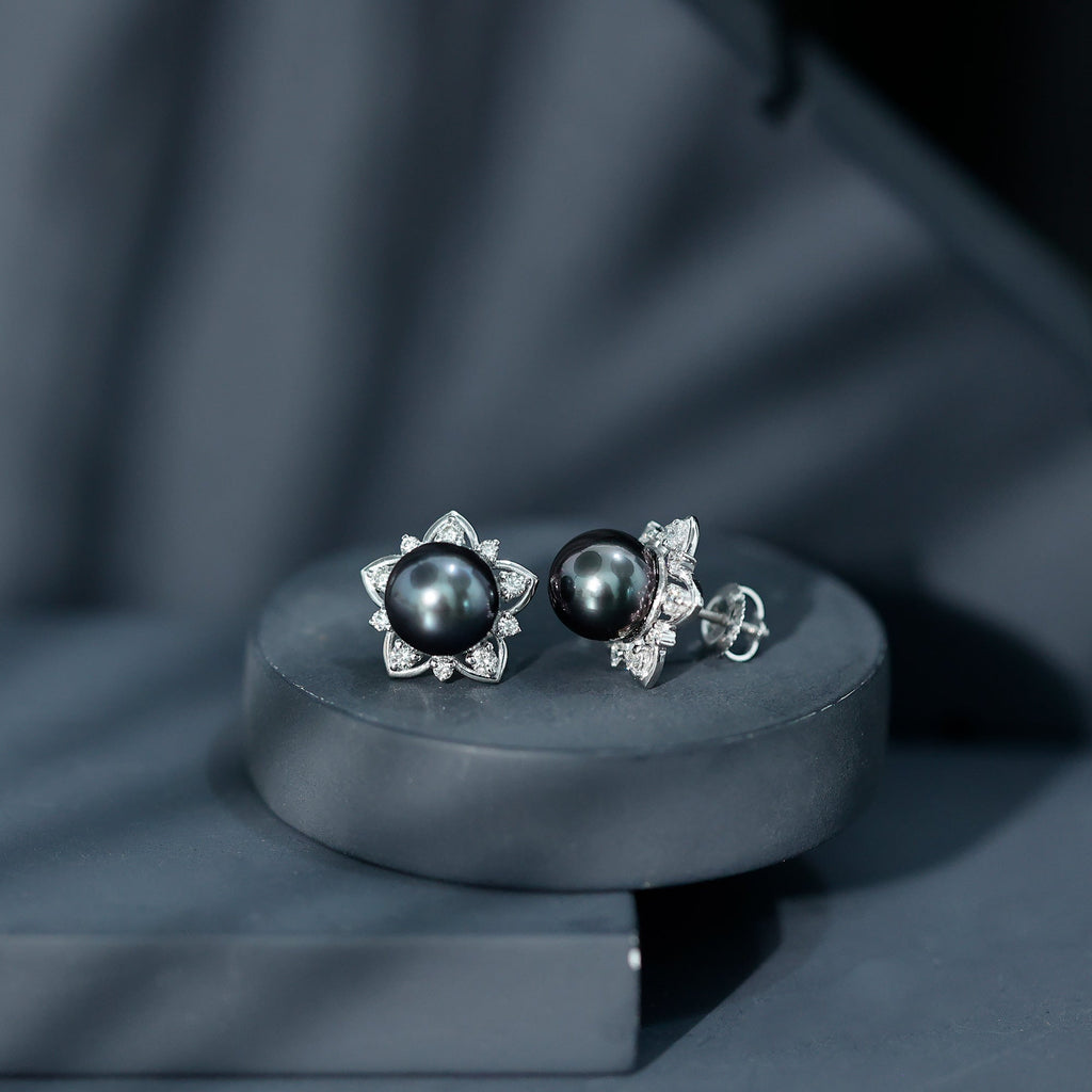 Tahitian Pearl Earrings – Black Pearl Studs with Diamond Flower Design, 8mm