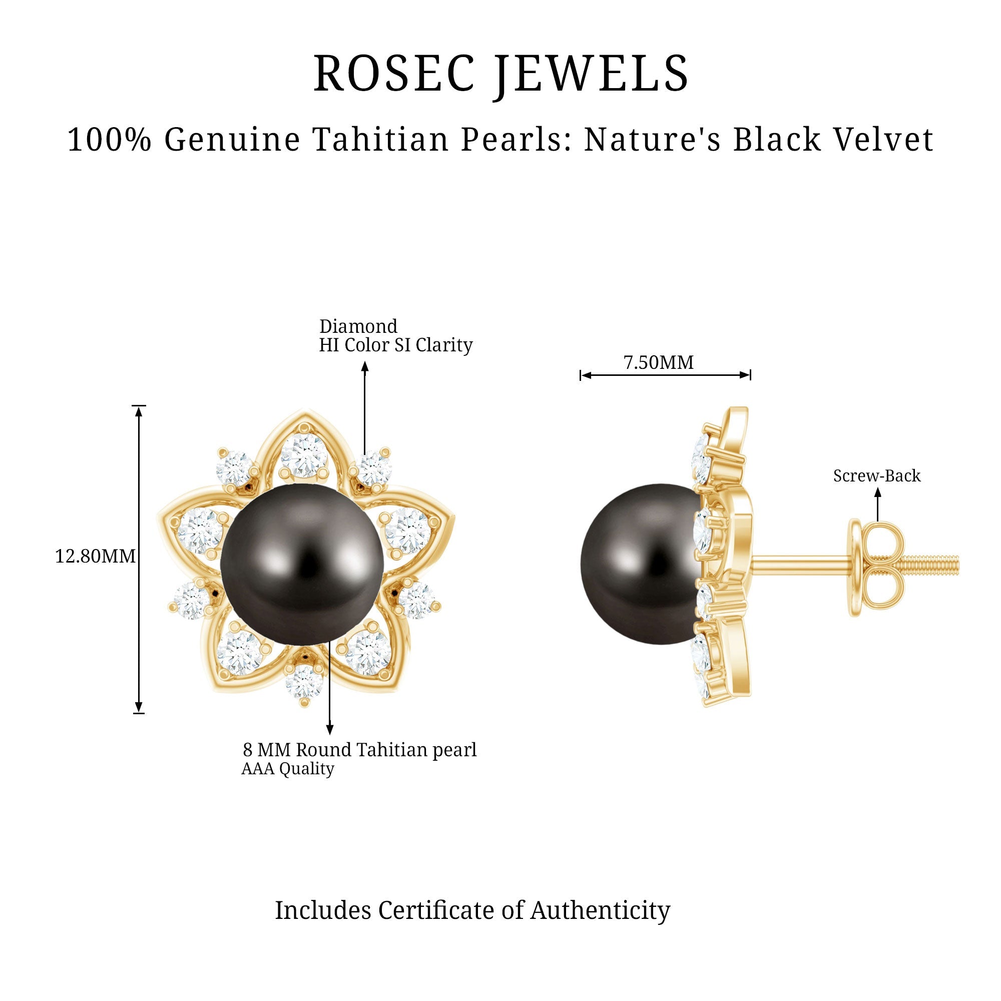Tahitian Pearl Earrings – Black Pearl Studs with Diamond Flower Design, 8mm