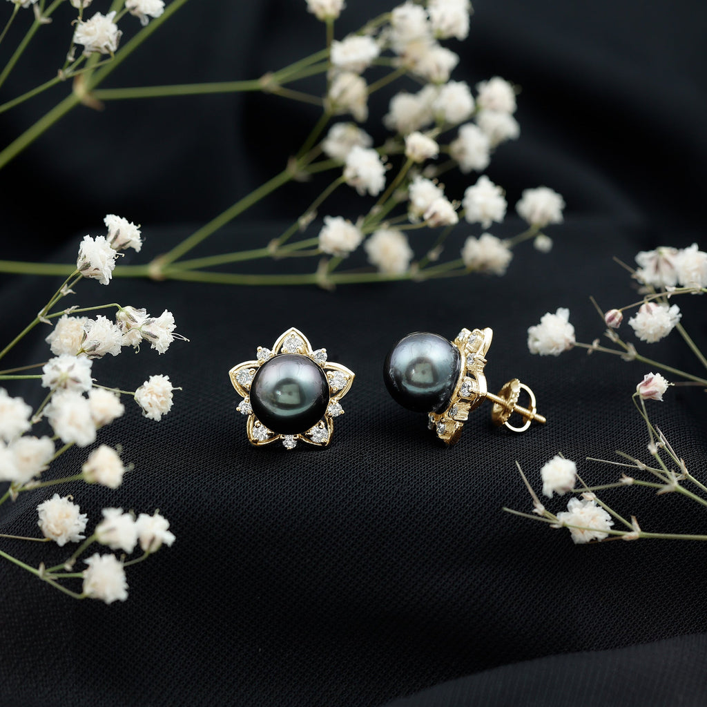 Tahitian Pearl Earrings – Black Pearl Studs with Diamond Flower Design, 8mm
