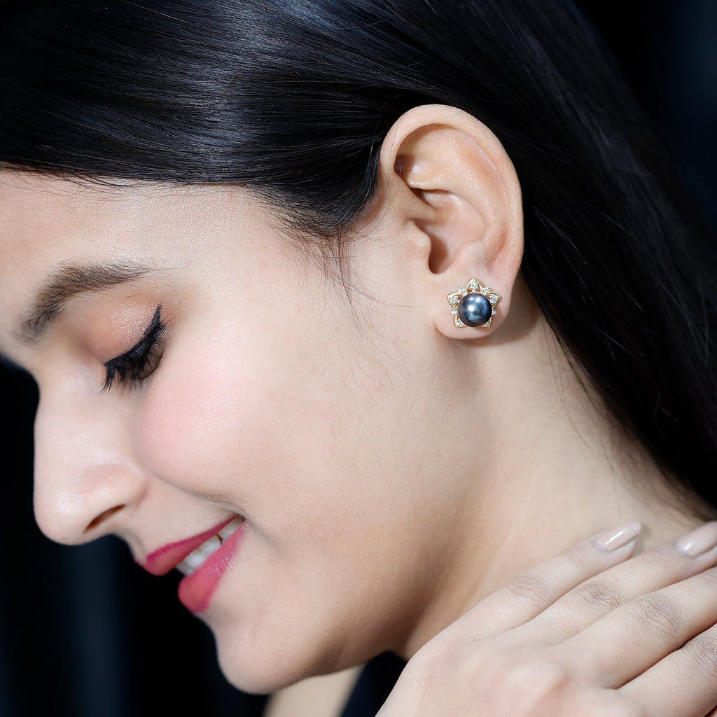 Tahitian Pearl Earrings – Black Pearl Studs with Diamond Flower Design, 8mm