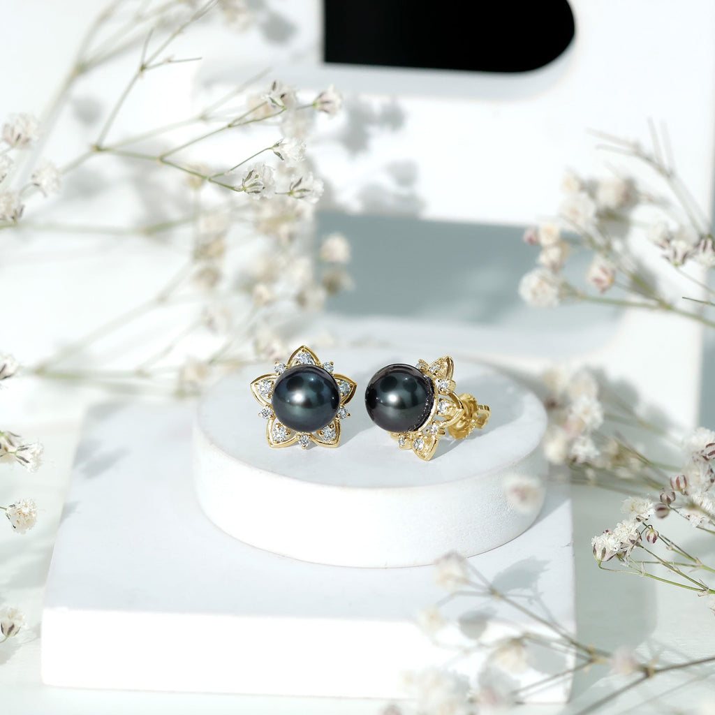Tahitian Pearl Earrings – Black Pearl Studs with Diamond Flower Design, 8mm