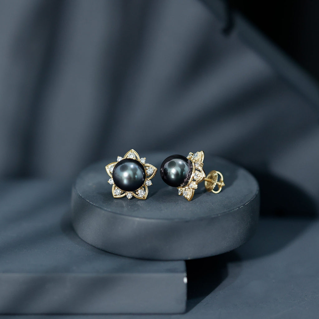 Tahitian Pearl Earrings – Black Pearl Studs with Diamond Flower Design, 8mm