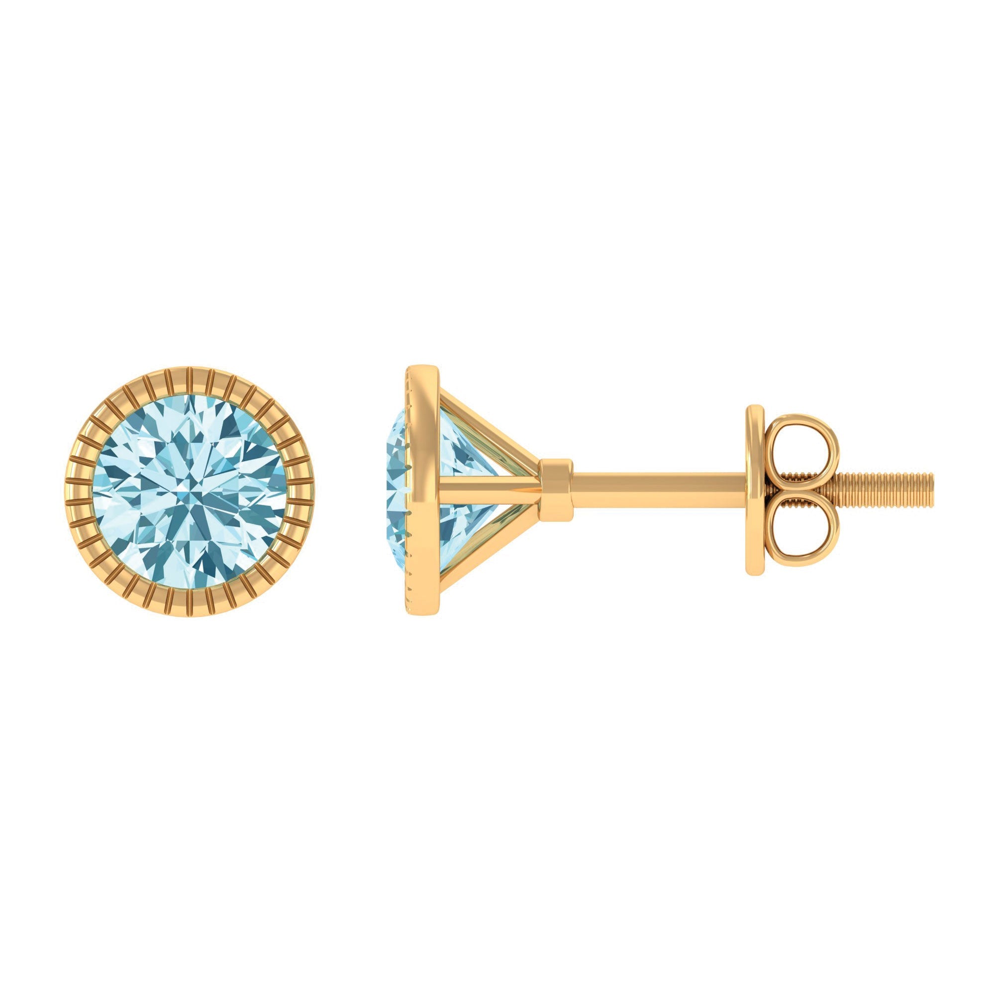 Aquamarine Stud Earrings – Martini Round Cut Bezel Set Blue Gemstone Studs