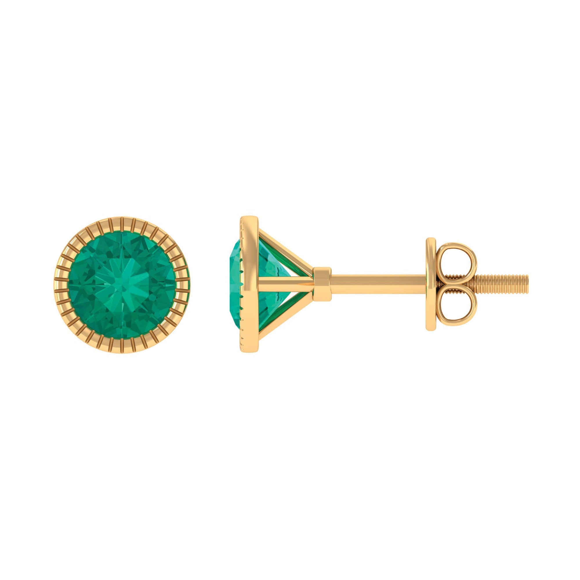 Emerald Stud Earrings – Bezel Set Round Emerald Studs With Screw Back Design