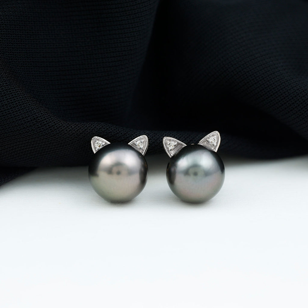 Black Pearl Earrings – Tahitian Pearl Studs with Lab Grown Diamonds & Secure Screw Backs