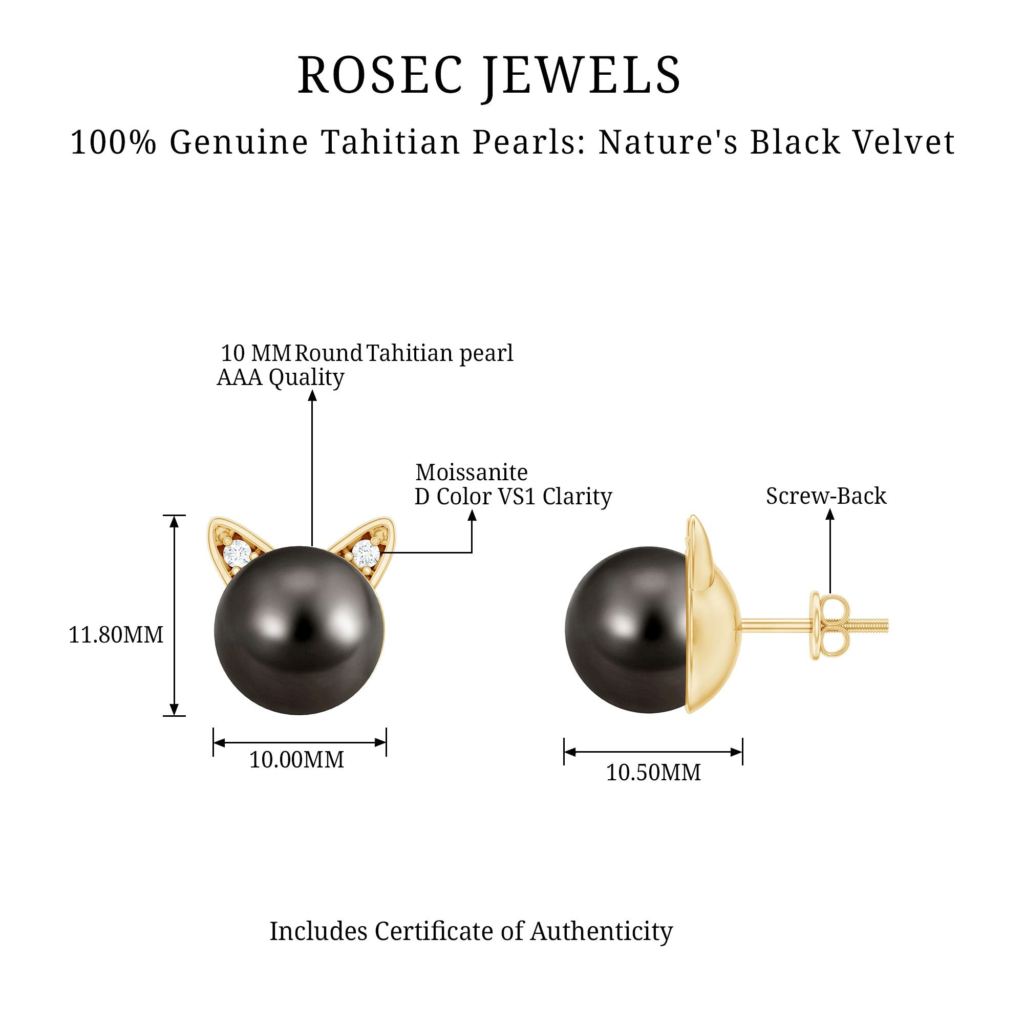 Black Pearl Earrings – Tahitian Pearl Studs with Lab Grown Diamonds & Secure Screw Backs