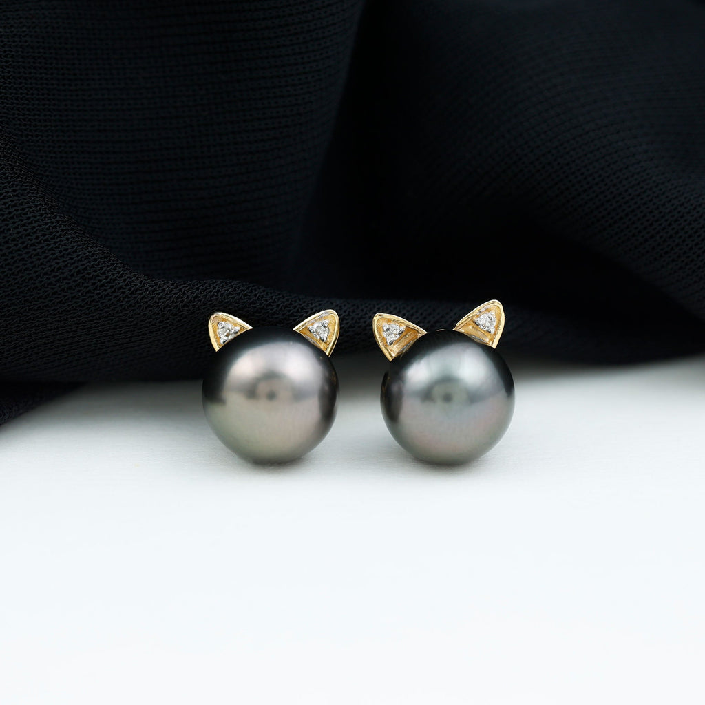Black Pearl Earrings – Tahitian Pearl Studs with Lab Grown Diamonds & Secure Screw Backs