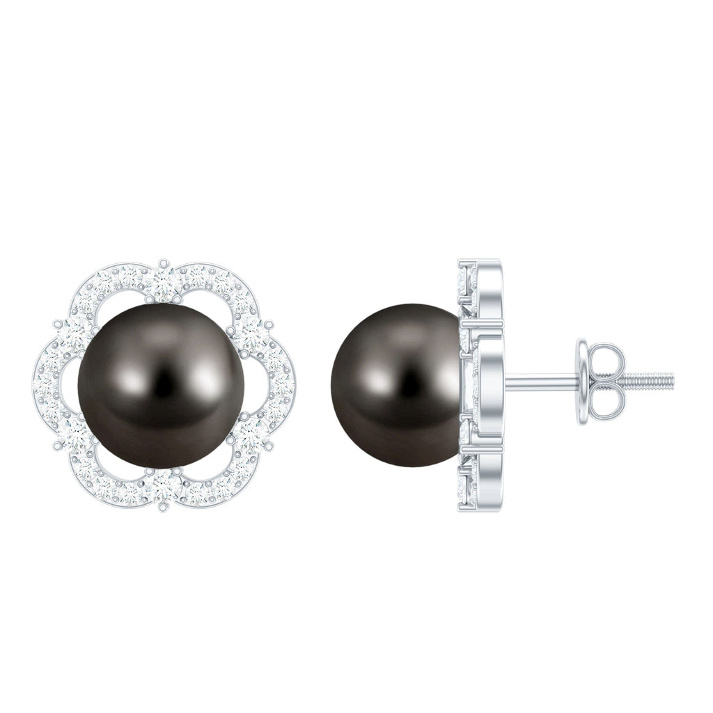 Tahitian Black Pearl Earrings – Diamond Flower Studs with Floral Halo Design