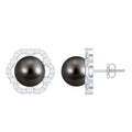 Tahitian Black Pearl Earrings – Diamond Flower Studs with Floral Halo Design
