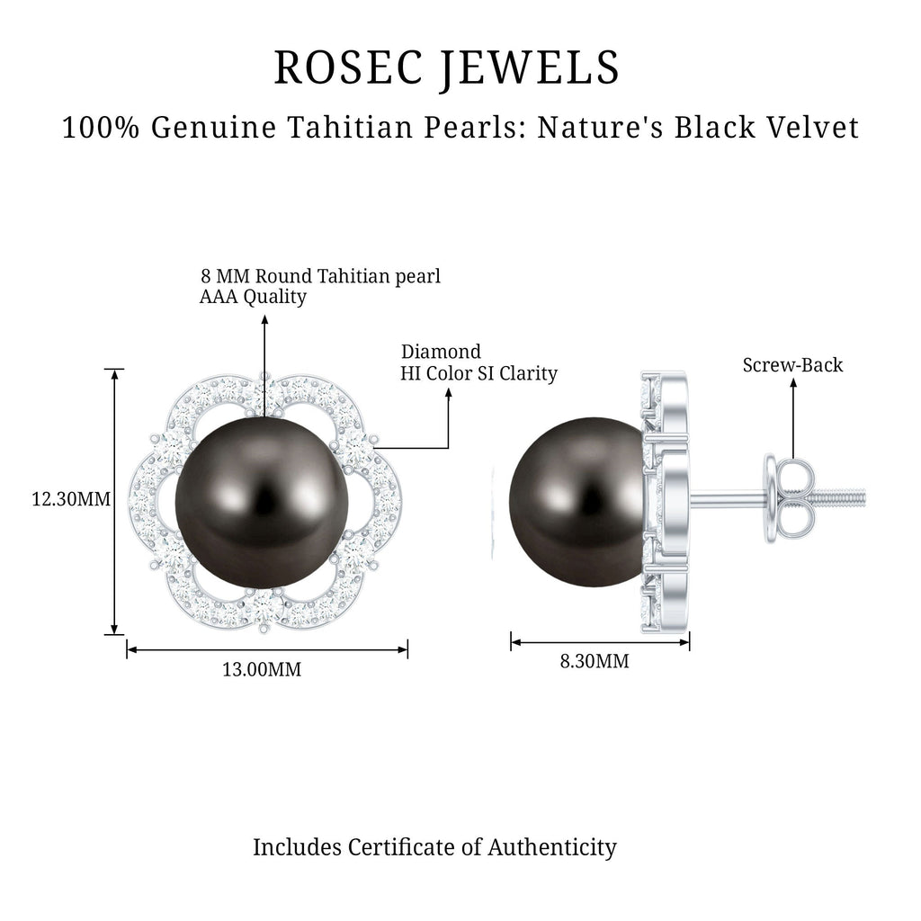 Tahitian Black Pearl Earrings – Diamond Flower Studs with Floral Halo Design