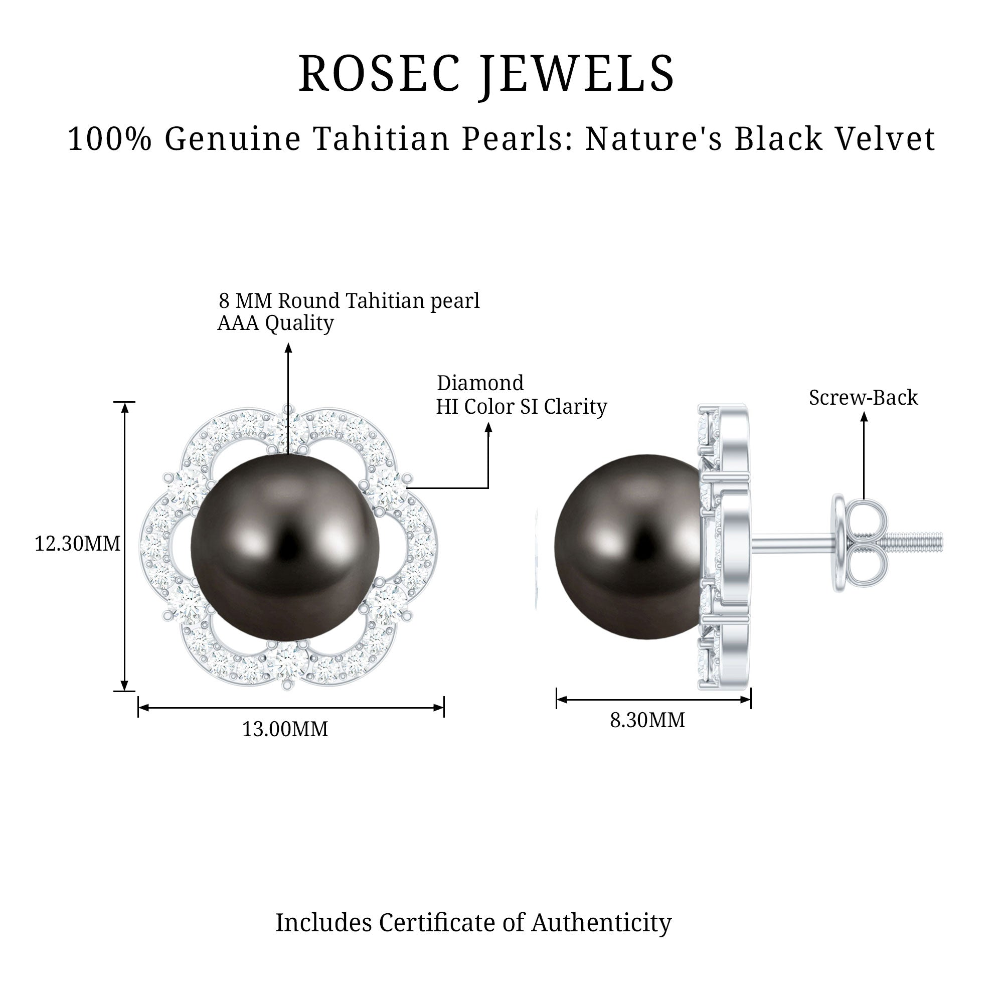 Tahitian Black Pearl Earrings – Diamond Flower Studs with Floral Halo Design
