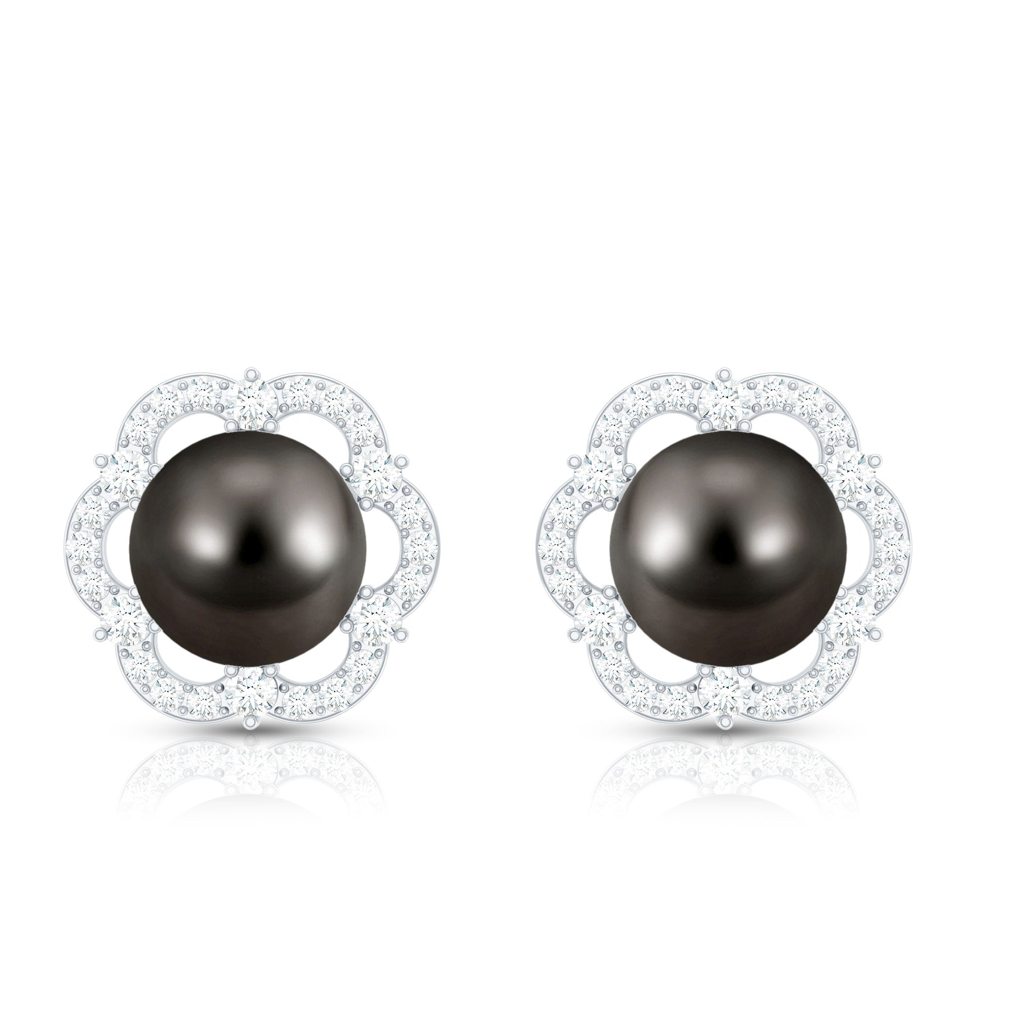 Tahitian Black Pearl Earrings – Diamond Flower Studs with Floral Halo Design