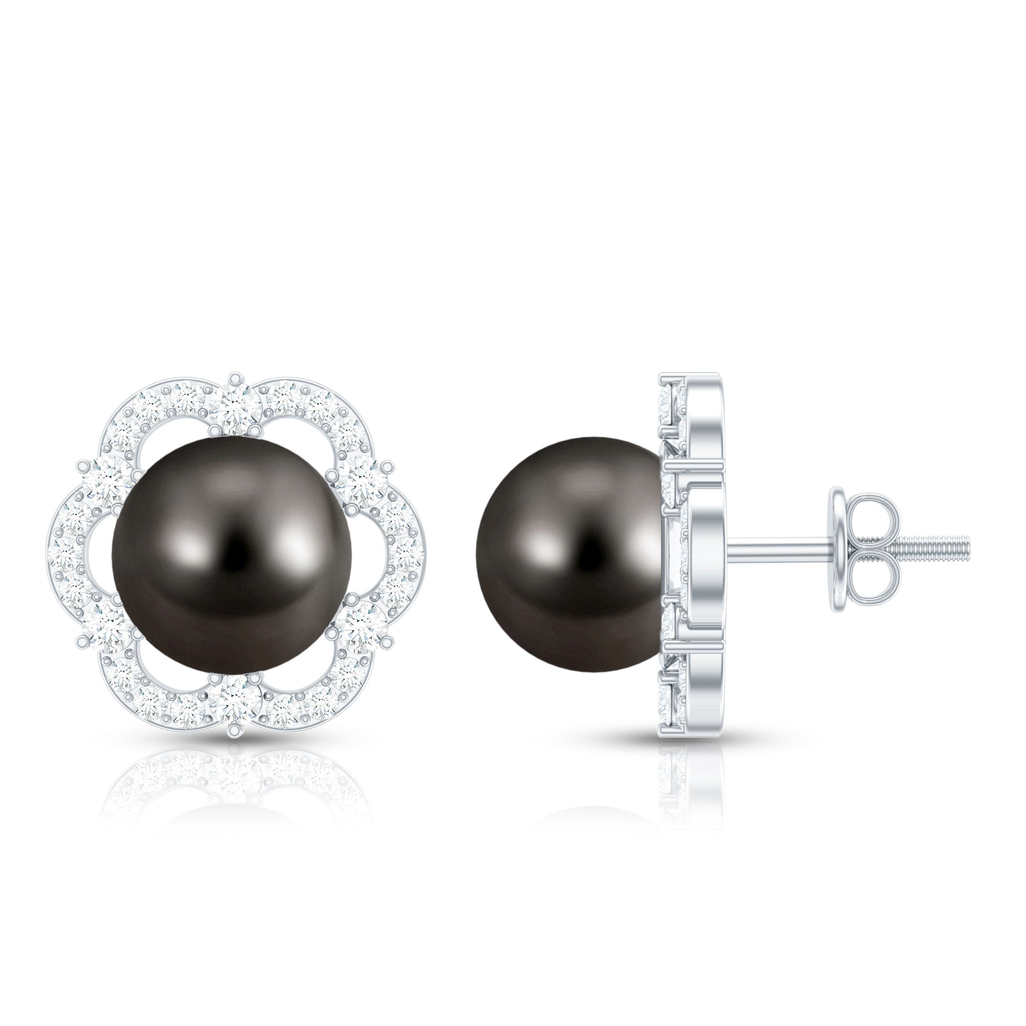 Tahitian Black Pearl Earrings – Diamond Flower Studs with Floral Halo Design