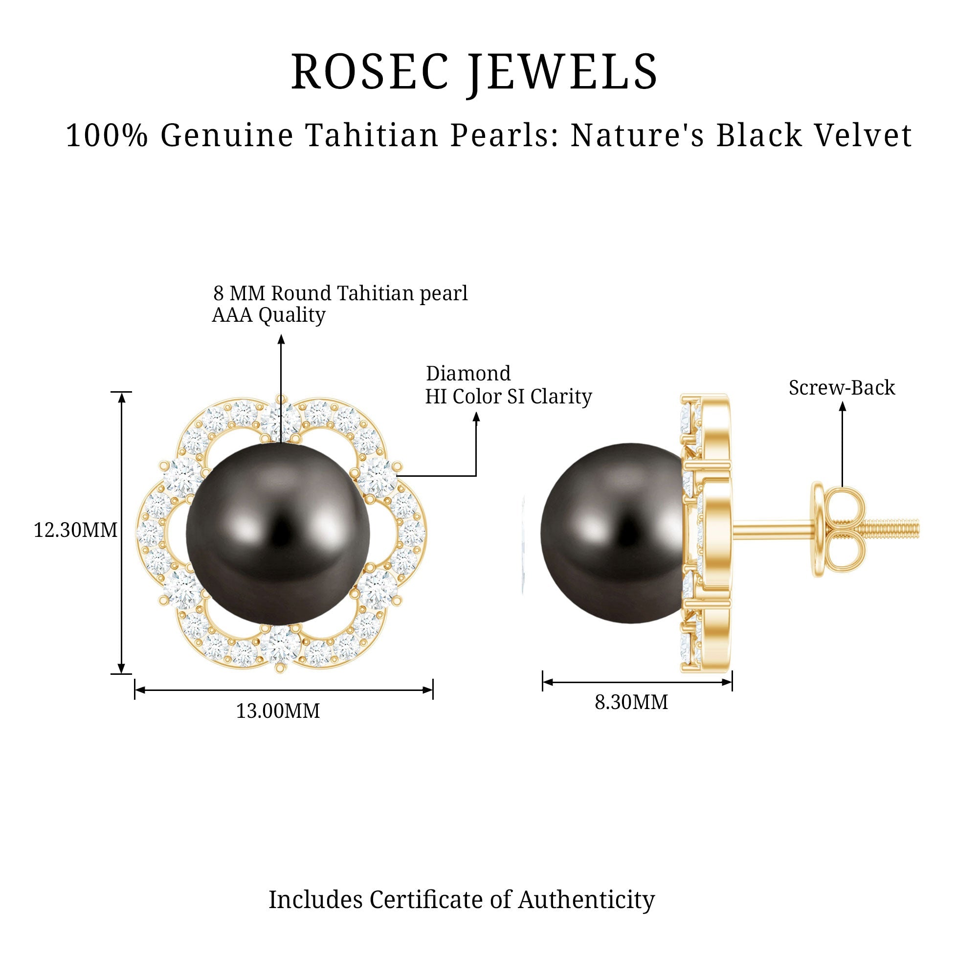 Tahitian Black Pearl Earrings – Diamond Flower Studs with Floral Halo Design