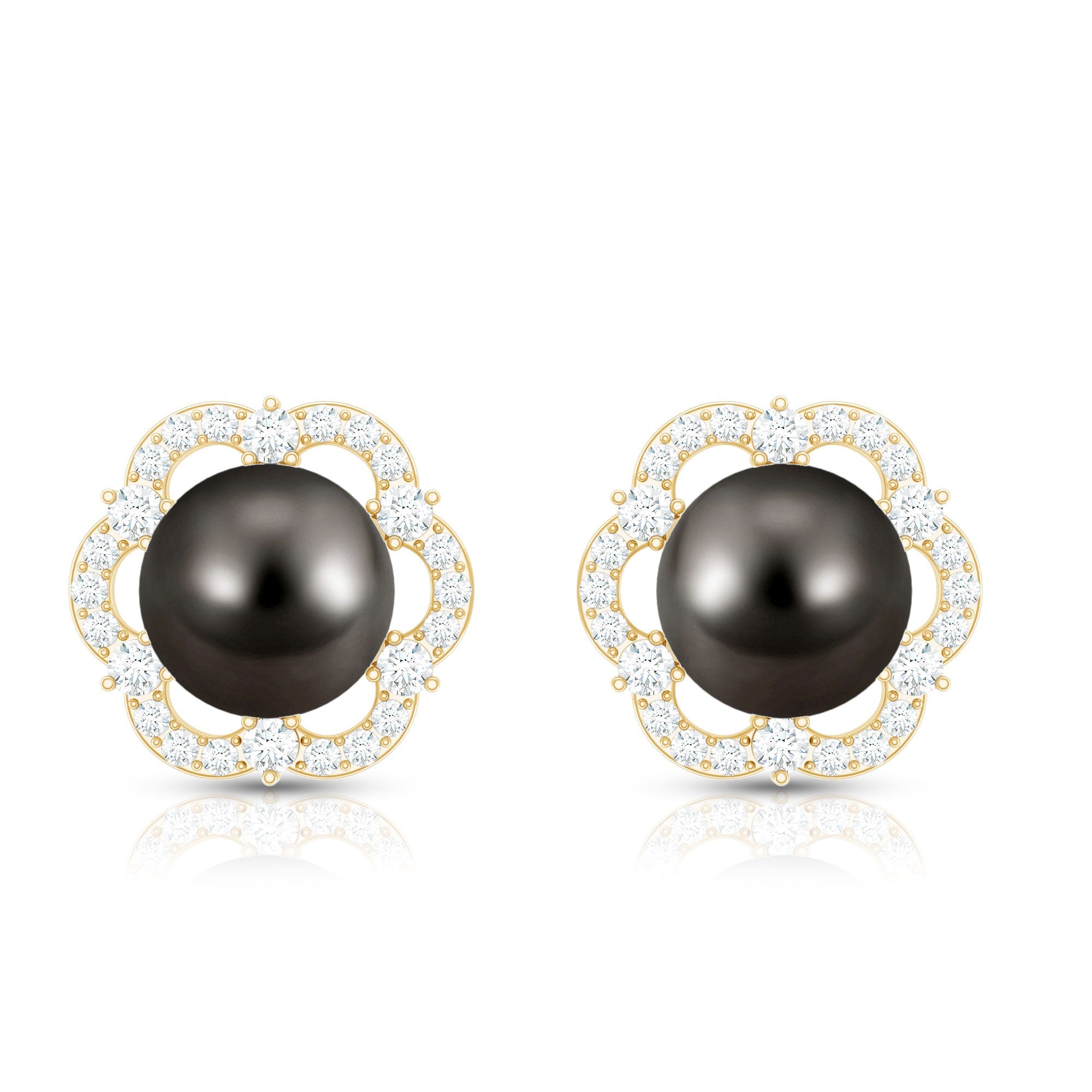 Tahitian Black Pearl Earrings – Diamond Flower Studs with Floral Halo Design