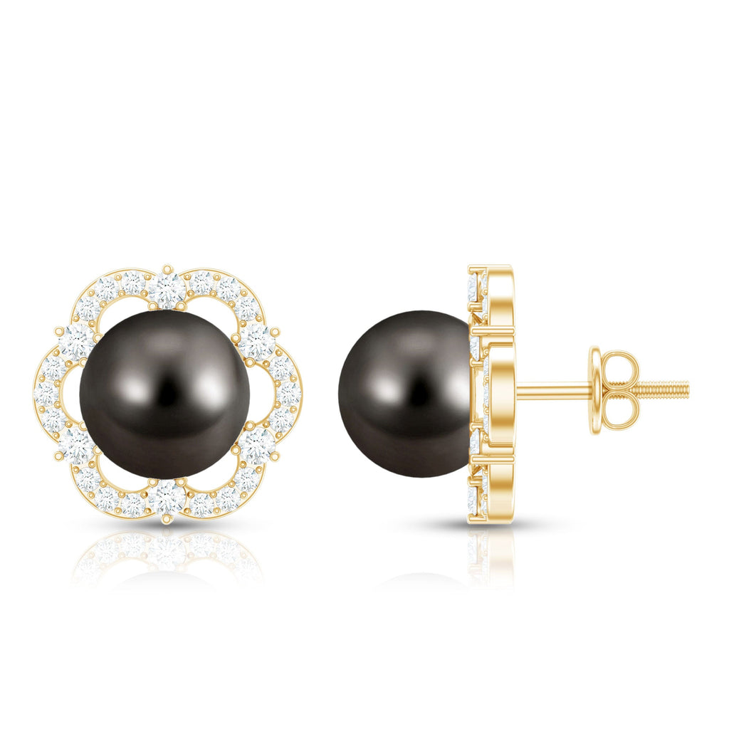Tahitian Black Pearl Earrings – Diamond Flower Studs with Floral Halo Design