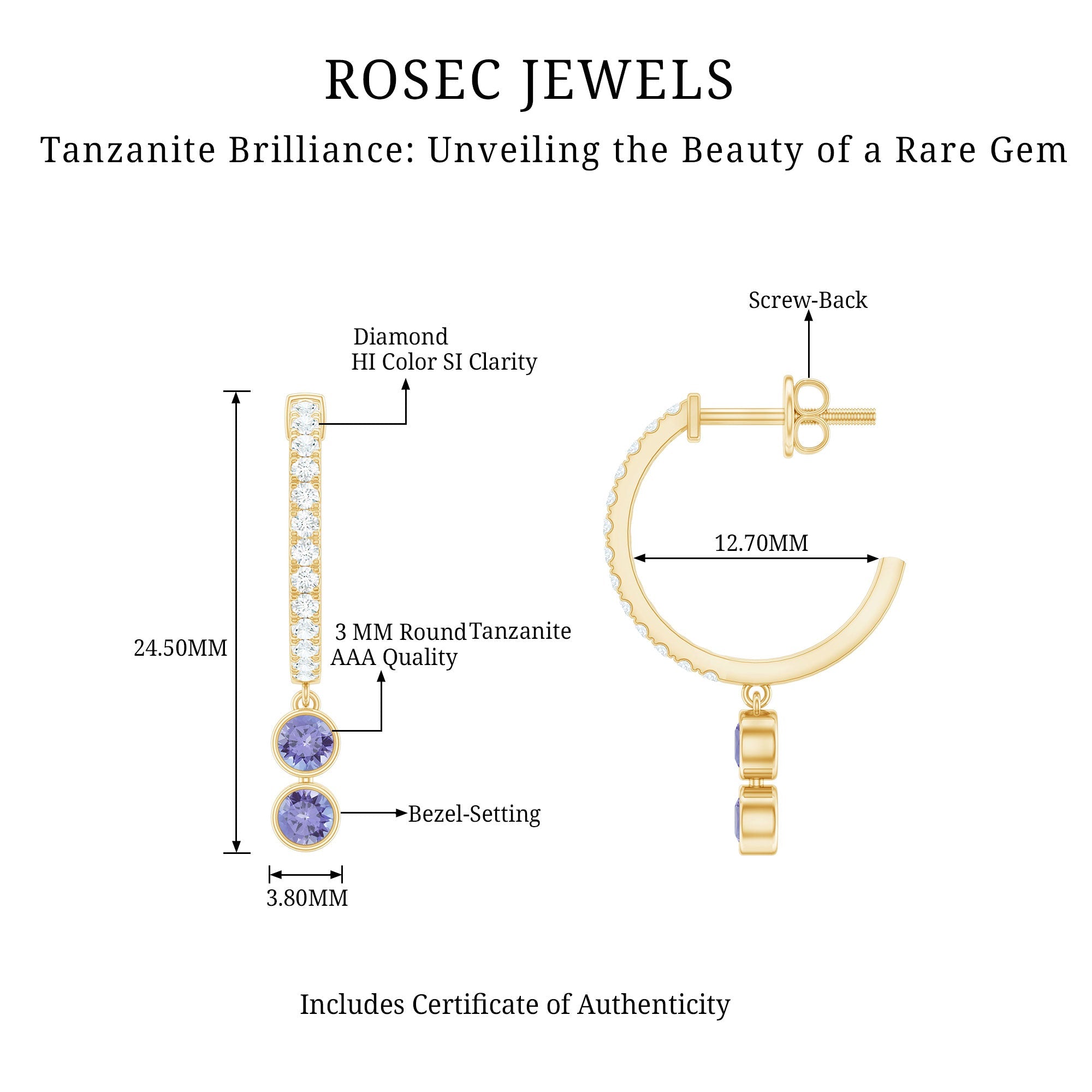 Tanzanite Hoop Earrings – Minimalist Half Hoop Drop With Diamond Accents