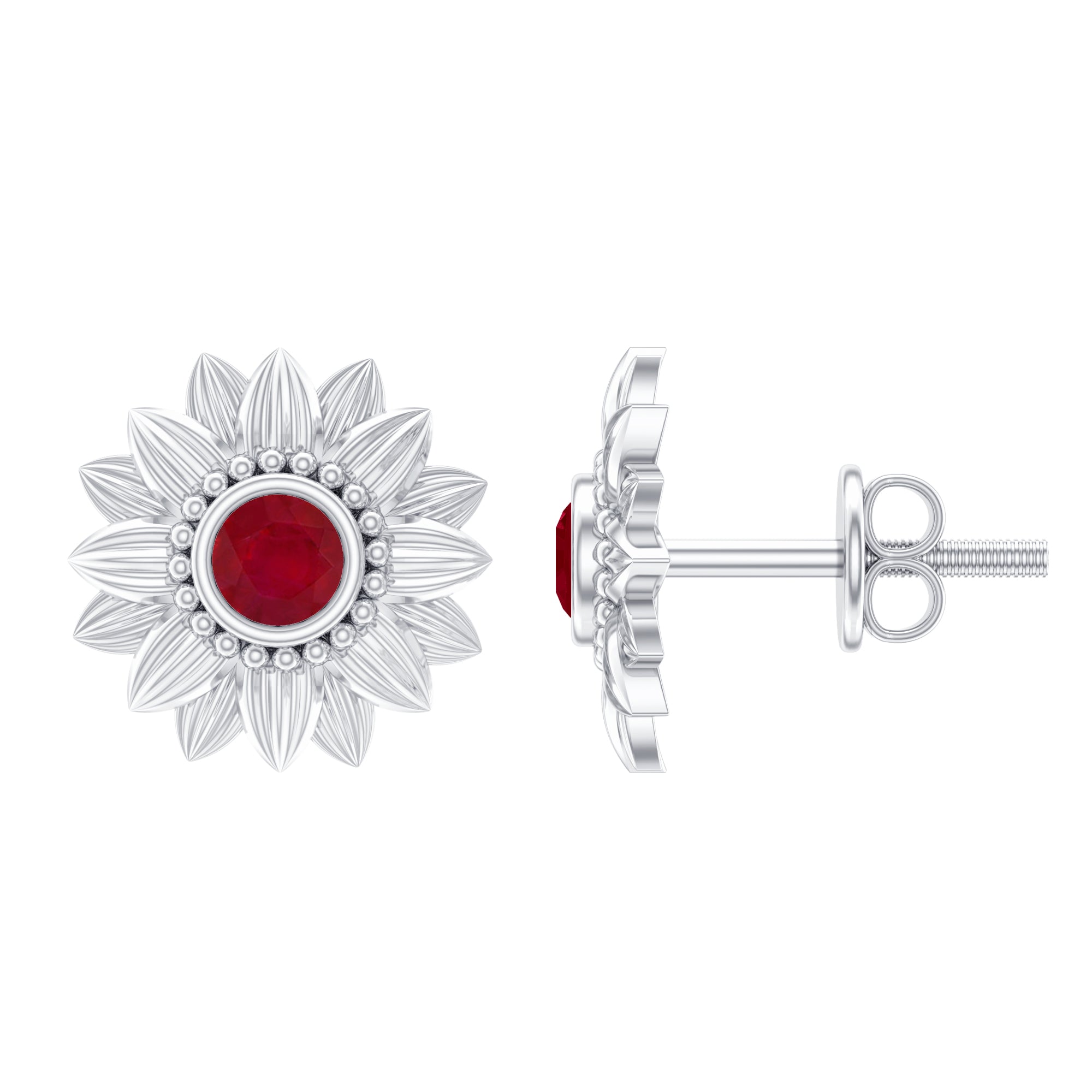 Bezel Set Real Ruby Flower Stud Earrings