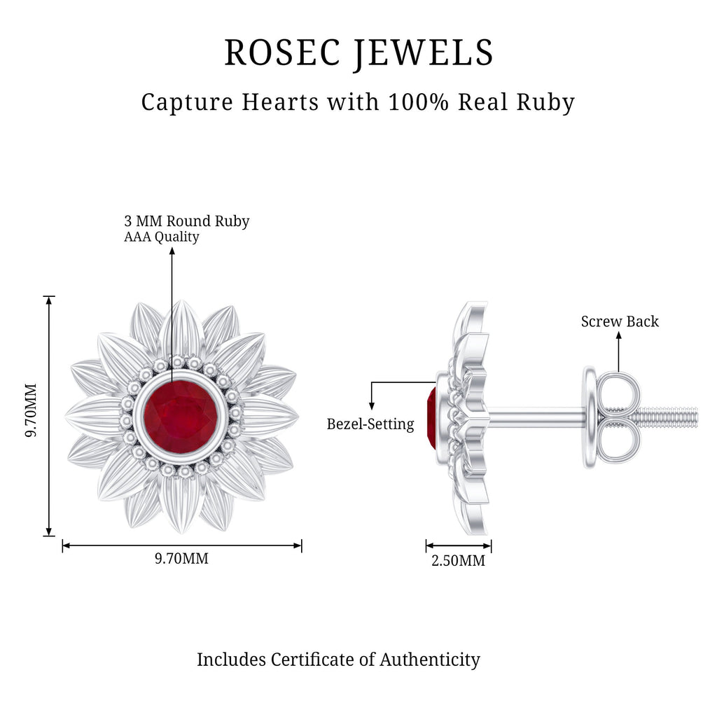 Bezel Set Real Ruby Flower Stud Earrings