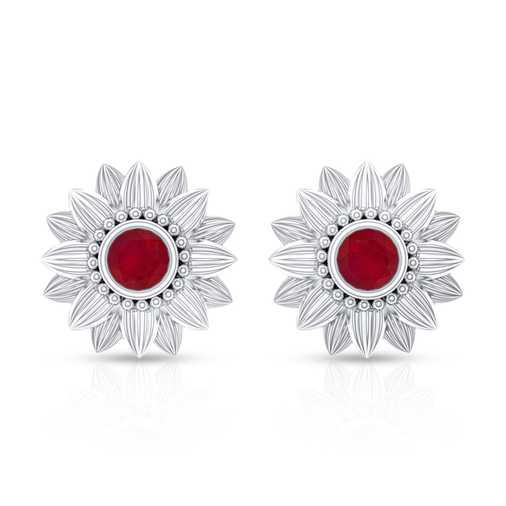 Bezel Set Real Ruby Flower Stud Earrings