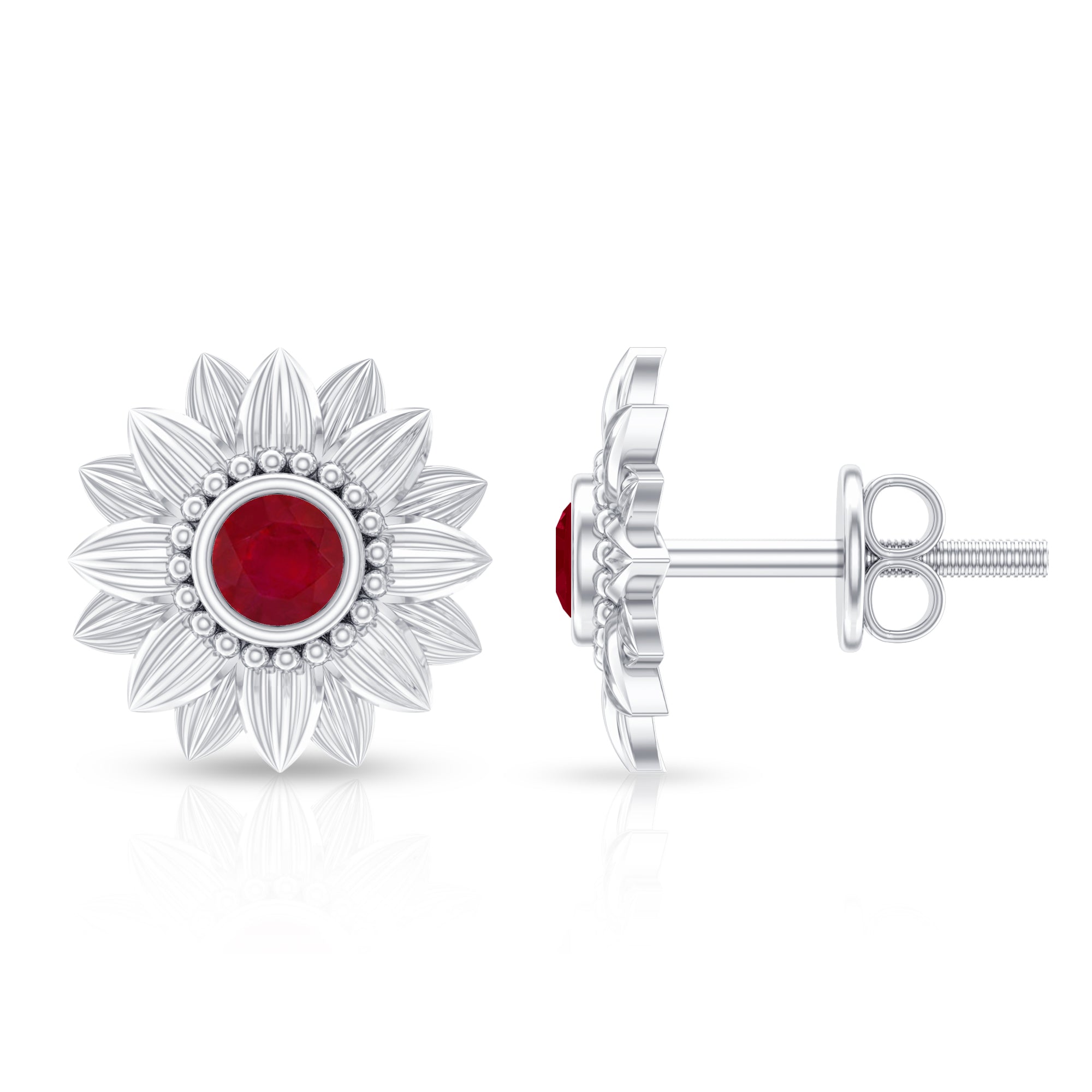 Bezel Set Real Ruby Flower Stud Earrings