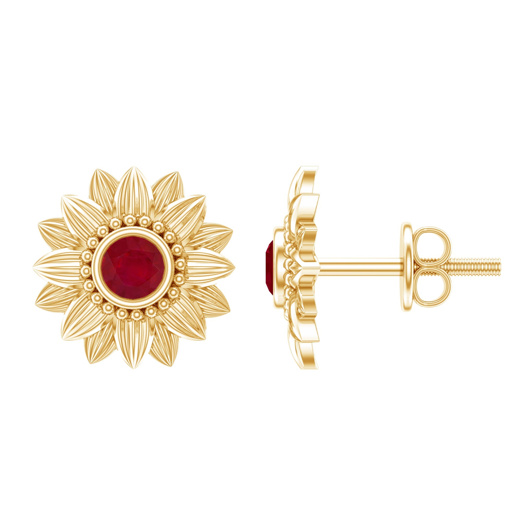 Bezel Set Real Ruby Flower Stud Earrings