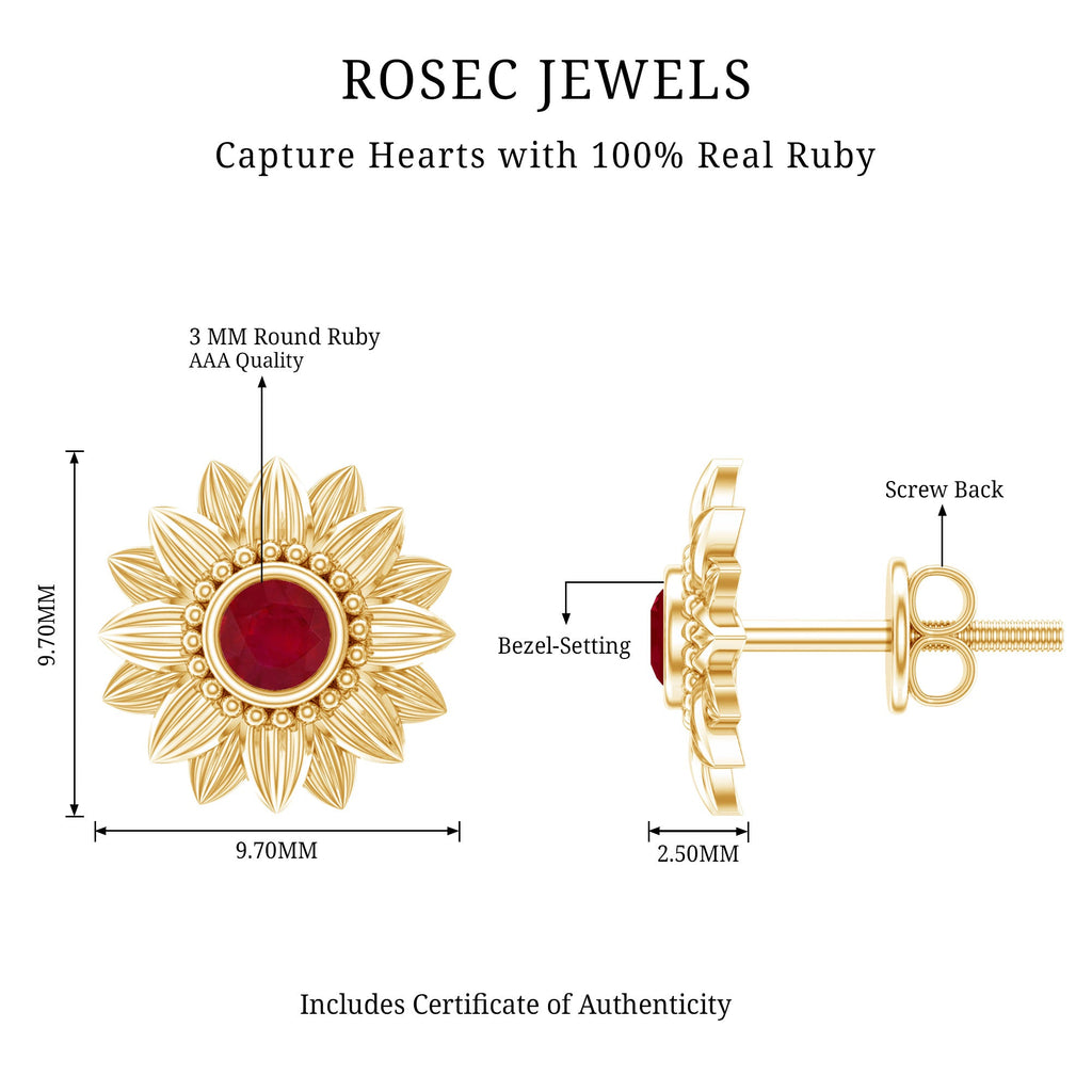 Bezel Set Real Ruby Flower Stud Earrings