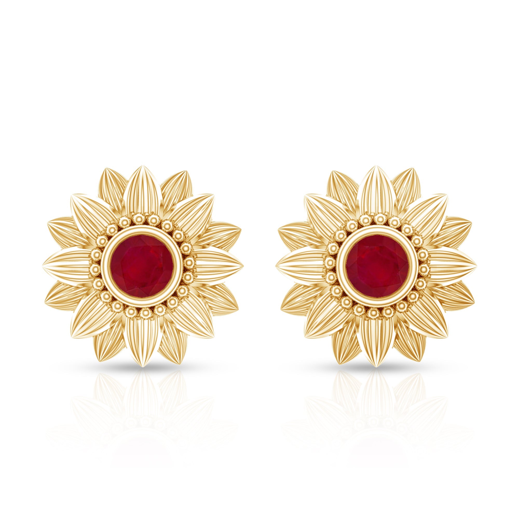 Bezel Set Real Ruby Flower Stud Earrings