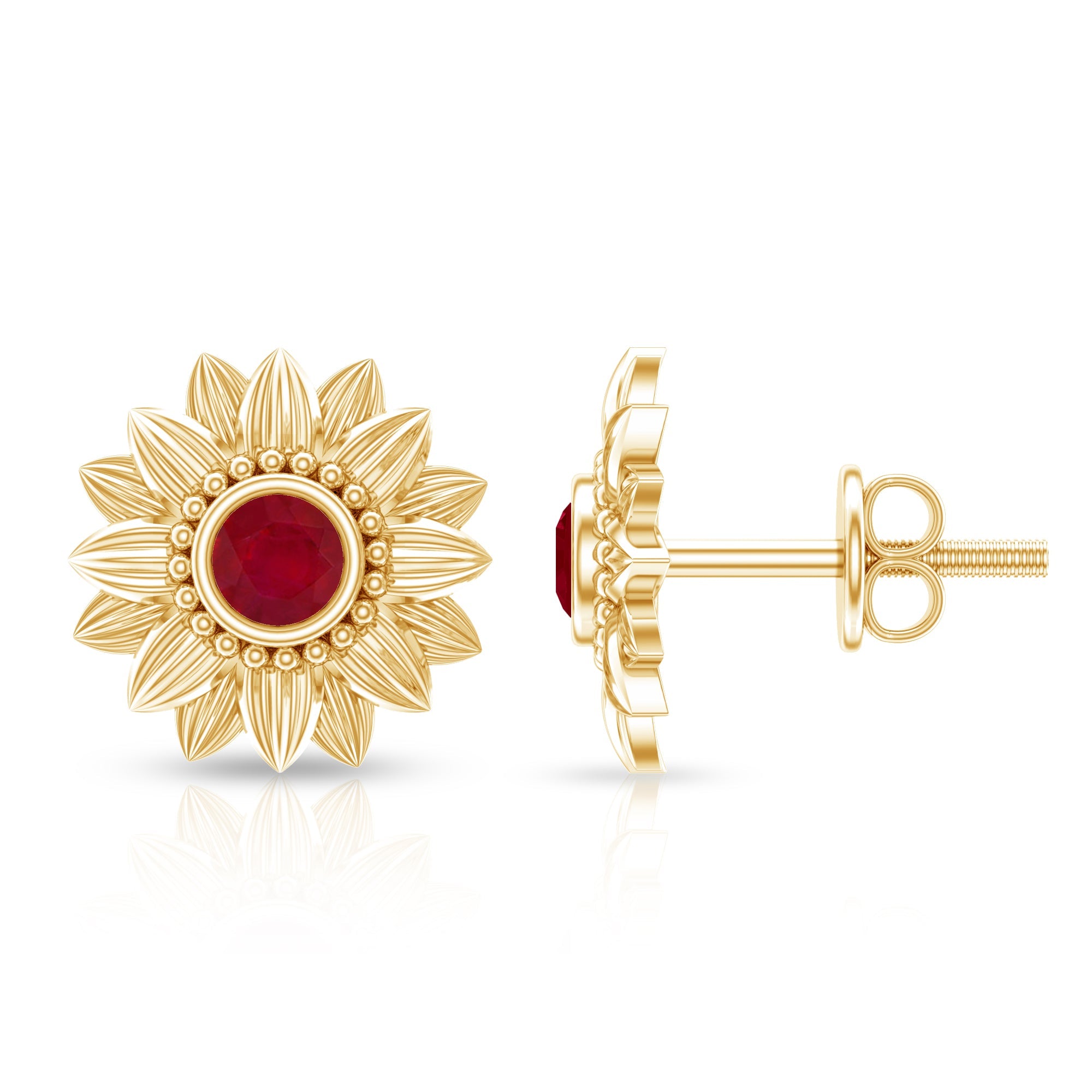 Bezel Set Real Ruby Flower Stud Earrings