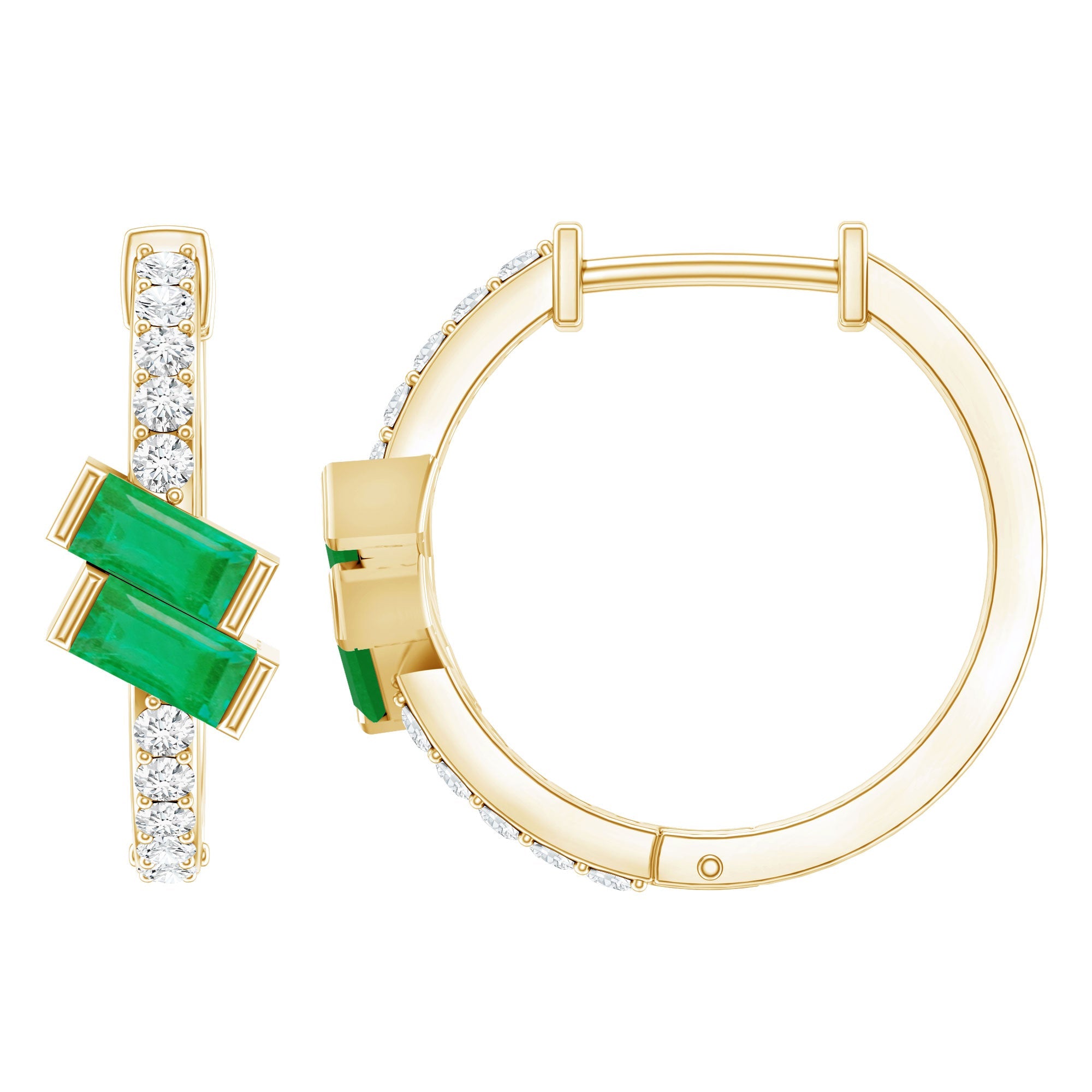Emerald Hoop Earrings | Baguette Cut Emeralds & Diamond Bar Setting by Rosec Jewels
