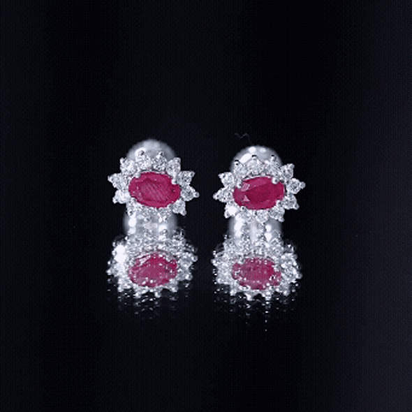 Ruby Halo Stud Earrings – Oval Cut Natural Ruby & Diamond Halo Studs with Secure Screw Back