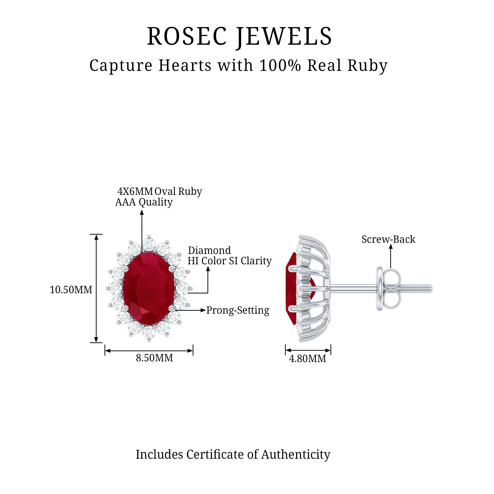 Ruby Halo Stud Earrings – Oval Cut Natural Ruby & Diamond Halo Studs with Secure Screw Back
