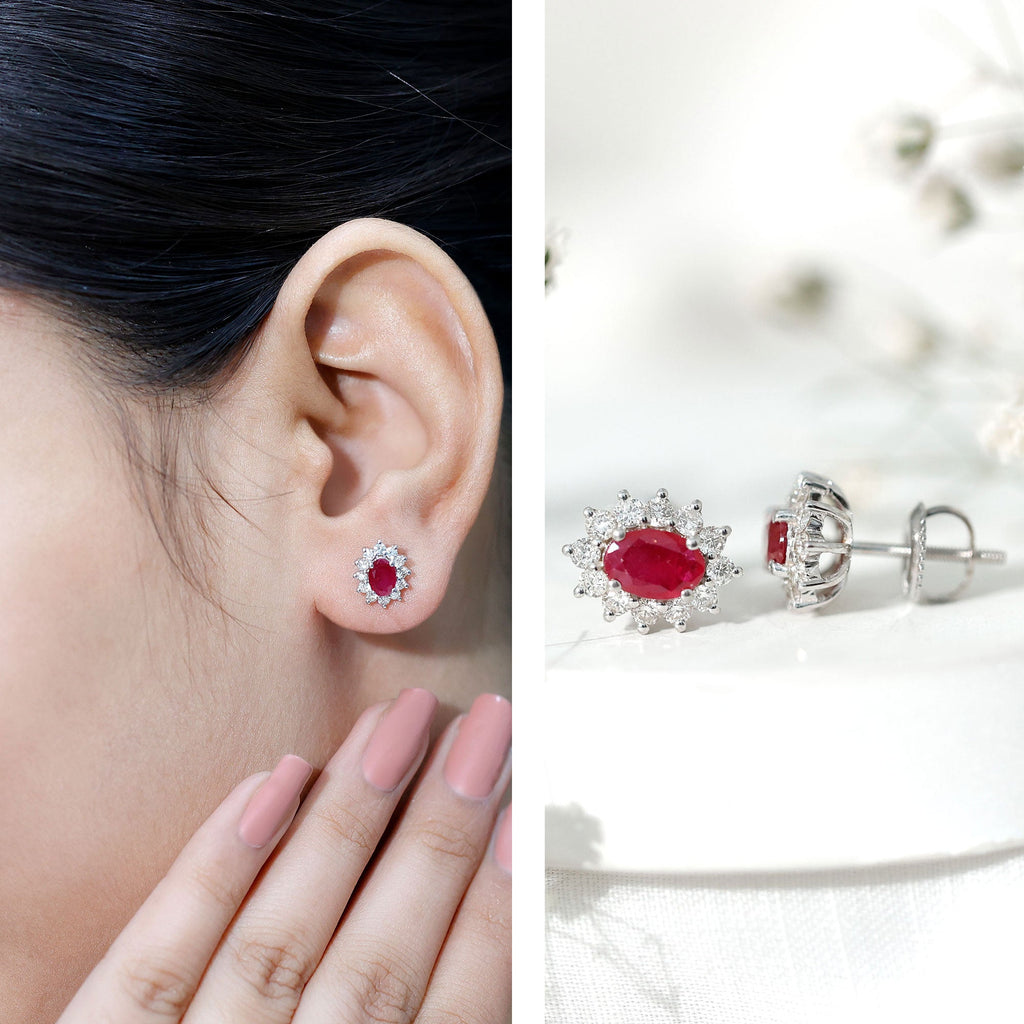 Ruby Halo Stud Earrings – Oval Cut Natural Ruby & Diamond Halo Studs with Secure Screw Back