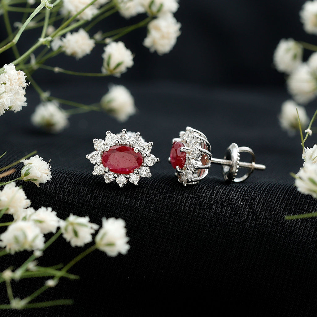 Ruby Halo Stud Earrings – Oval Cut Natural Ruby & Diamond Halo Studs with Secure Screw Back