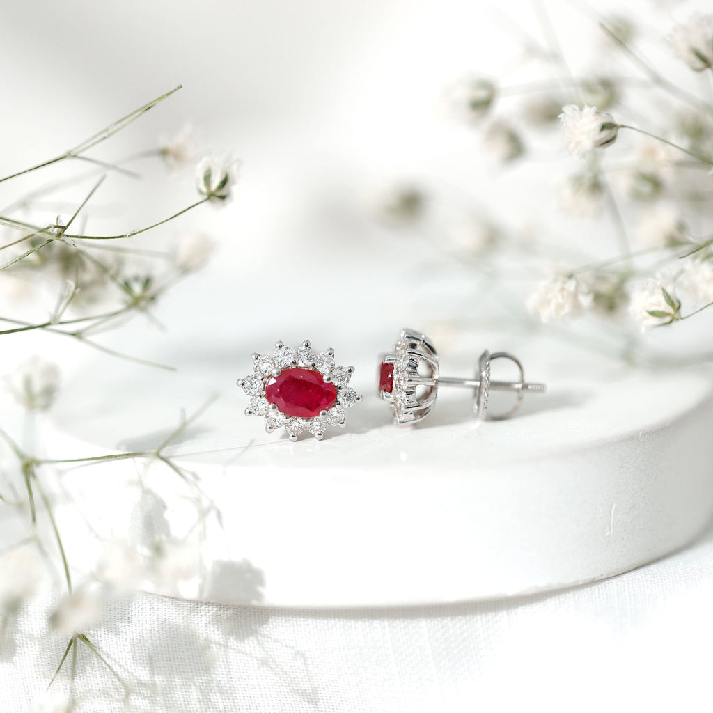 Ruby Halo Stud Earrings – Oval Cut Natural Ruby & Diamond Halo Studs with Secure Screw Back