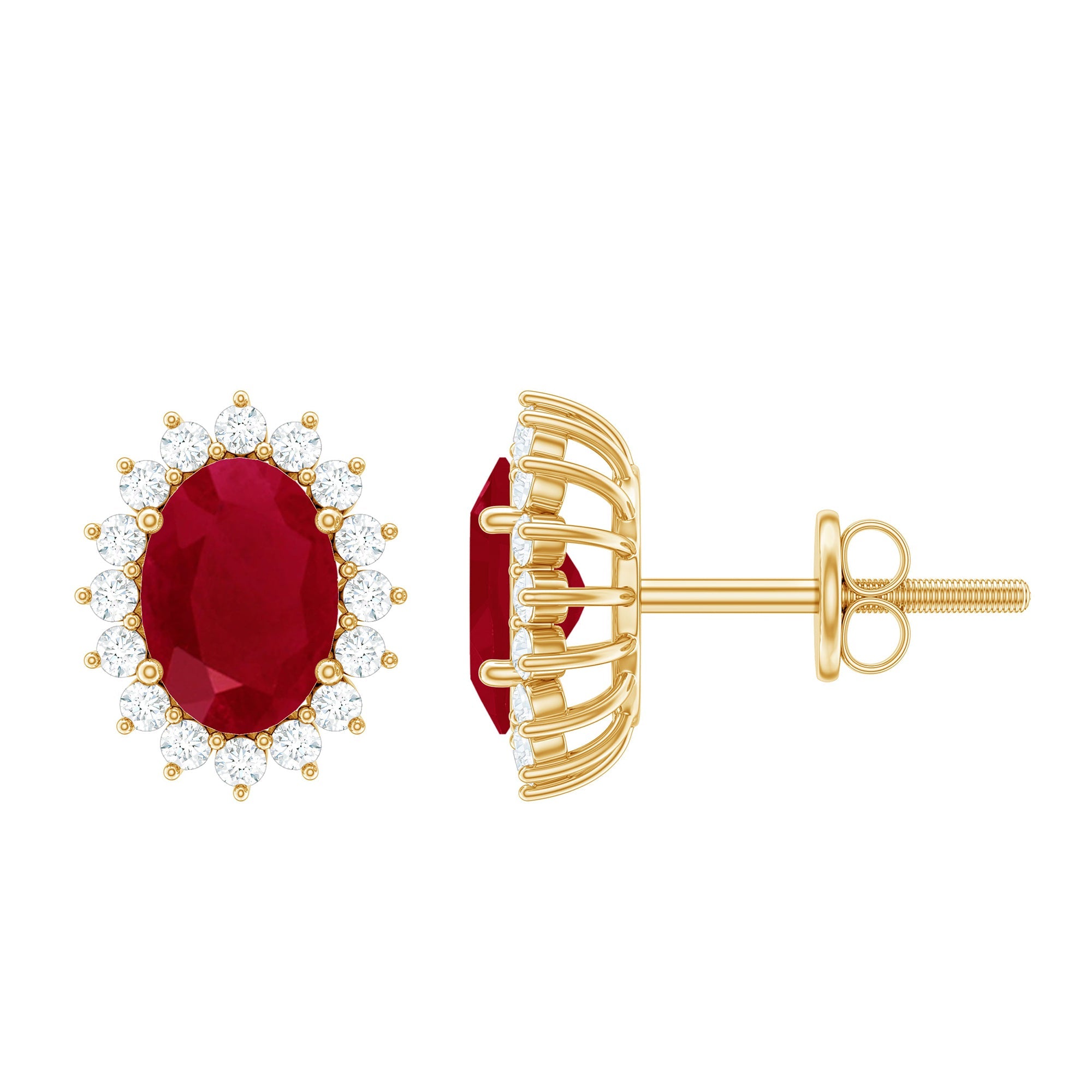 Ruby Halo Stud Earrings – Oval Cut Natural Ruby & Diamond Halo Studs with Secure Screw Back