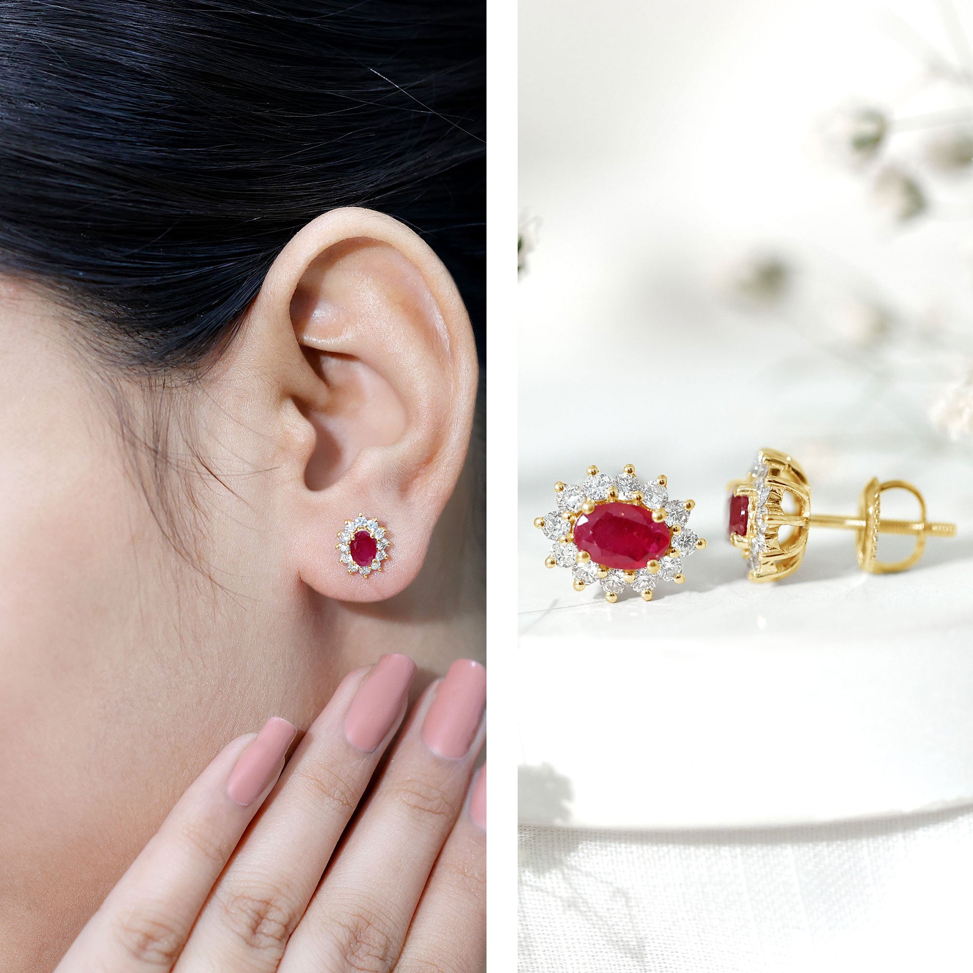 Ruby Halo Stud Earrings – Oval Cut Natural Ruby & Diamond Halo Studs with Secure Screw Back