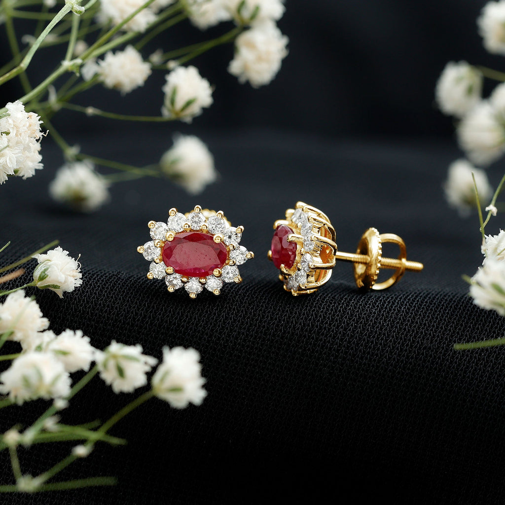 Ruby Halo Stud Earrings – Oval Cut Natural Ruby & Diamond Halo Studs with Secure Screw Back