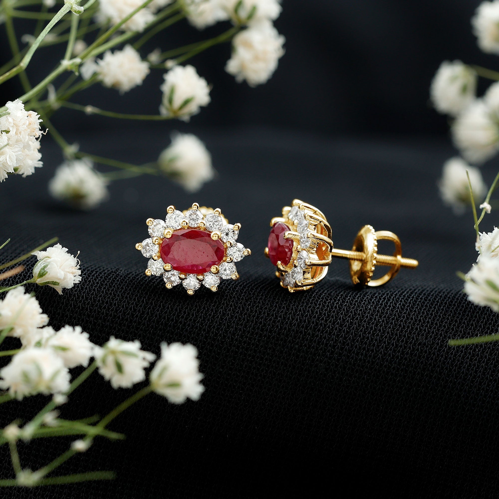 Ruby Halo Stud Earrings – Oval Cut Natural Ruby & Diamond Halo Studs with Secure Screw Back
