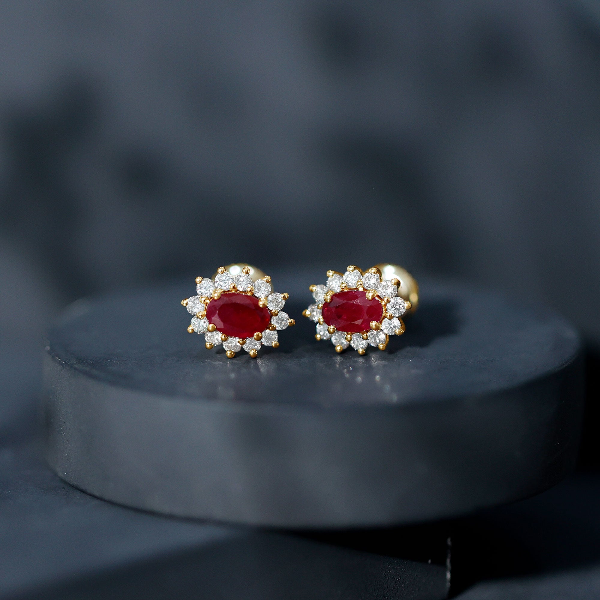 Ruby Halo Stud Earrings – Oval Cut Natural Ruby & Diamond Halo Studs with Secure Screw Back