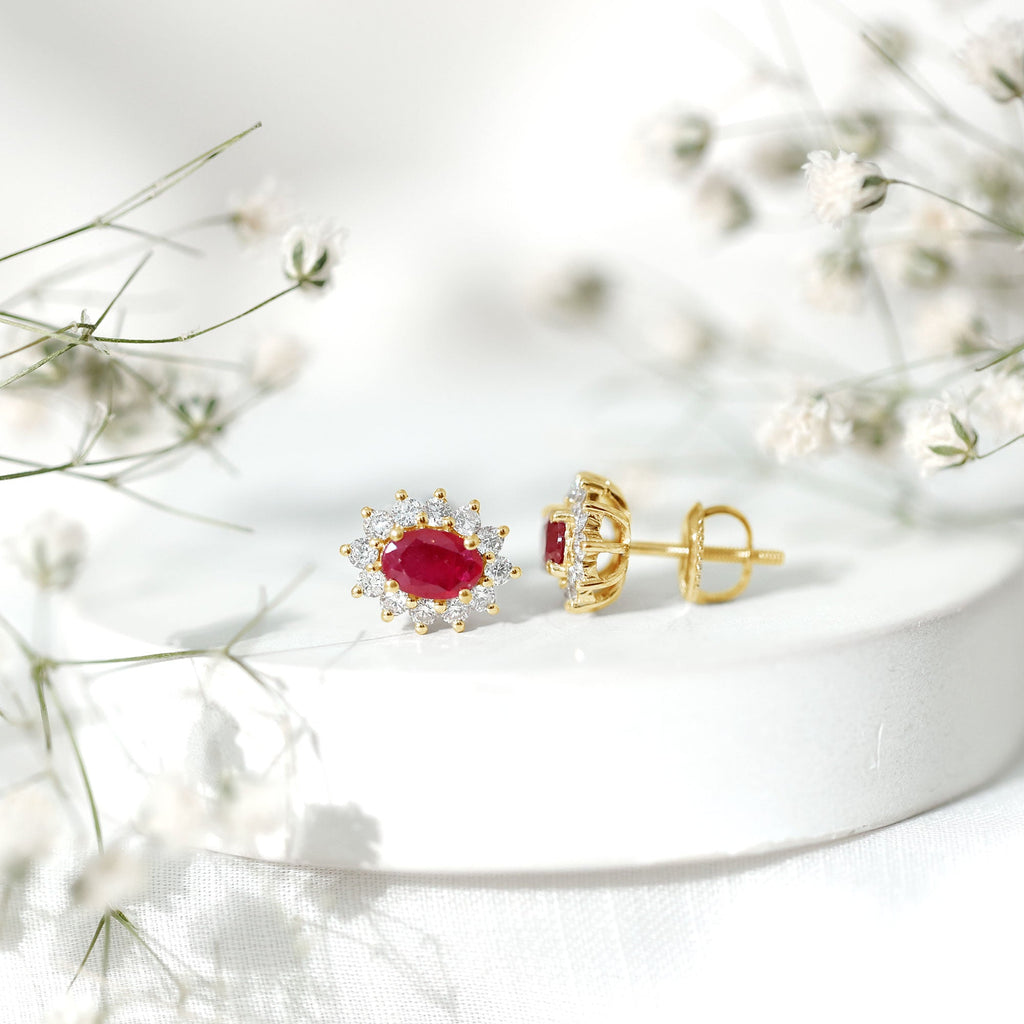 Ruby Halo Stud Earrings – Oval Cut Natural Ruby & Diamond Halo Studs with Secure Screw Back