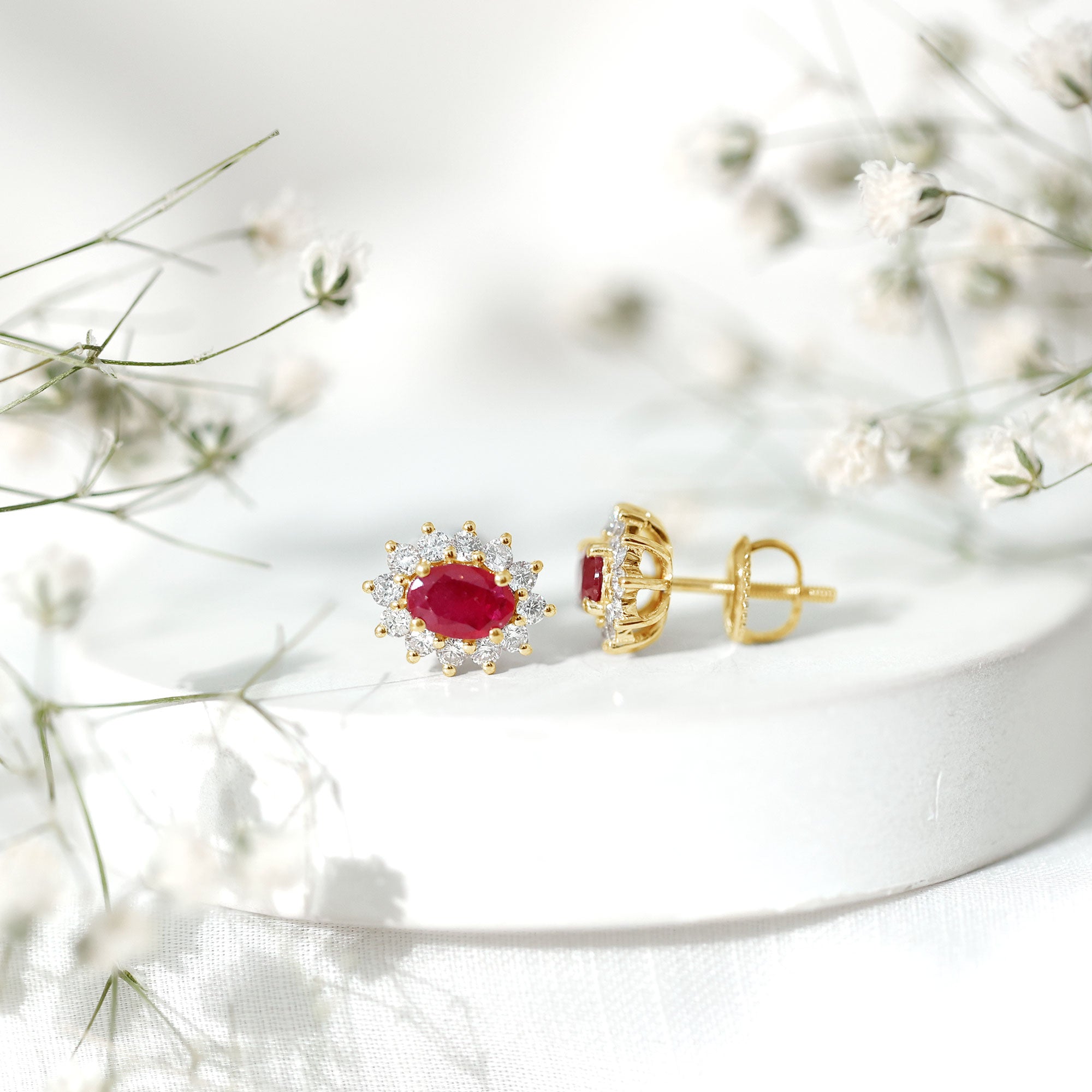 Ruby Halo Stud Earrings – Oval Cut Natural Ruby & Diamond Halo Studs with Secure Screw Back
