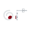 Ruby Diamond Stud Earrings - 1 CT Oval Ruby & Sparkling Diamond Swirl Studs