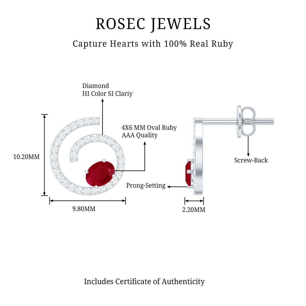 Ruby Diamond Stud Earrings - 1 CT Oval Ruby & Sparkling Diamond Swirl Studs