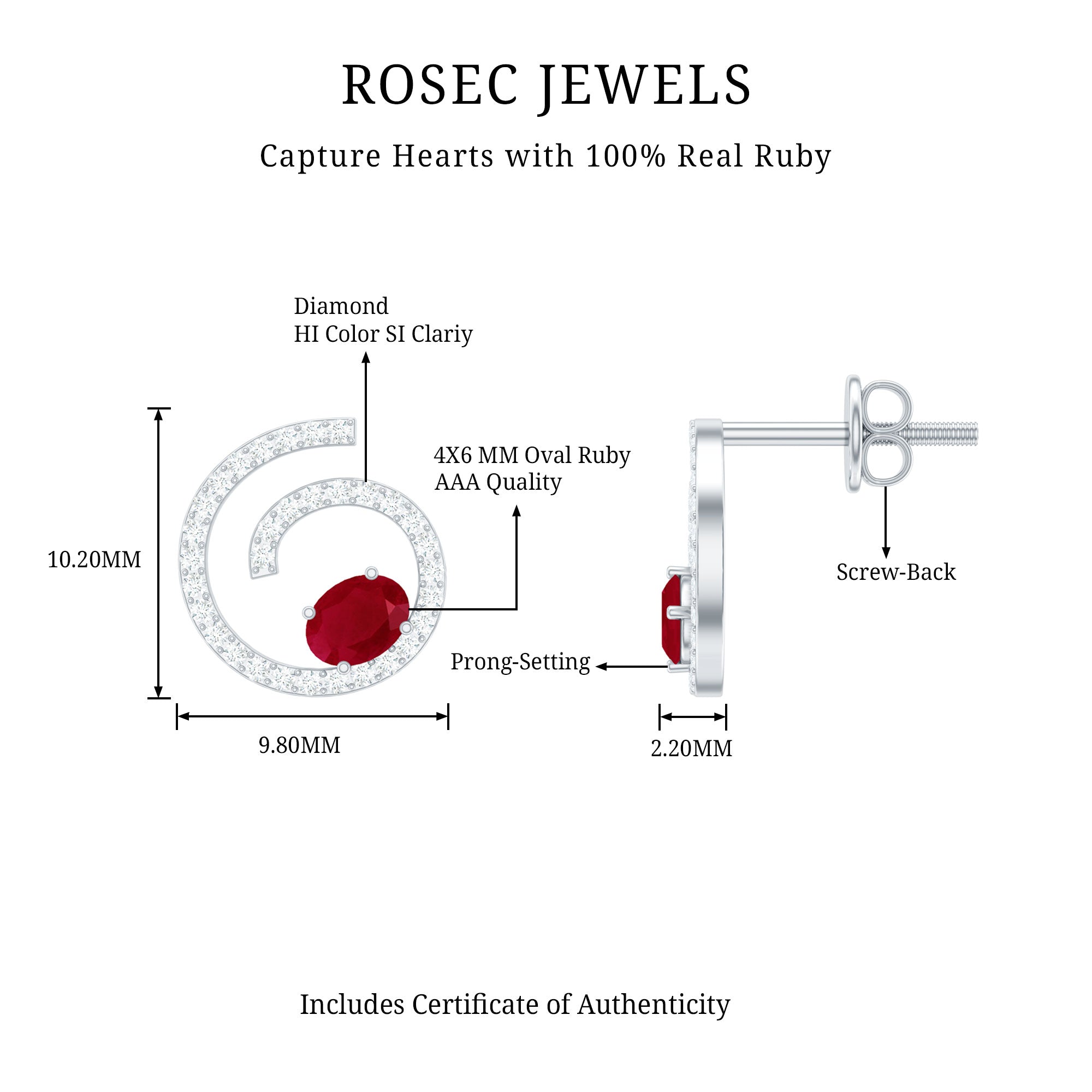 Ruby Diamond Stud Earrings - 1 CT Oval Ruby & Sparkling Diamond Swirl Studs