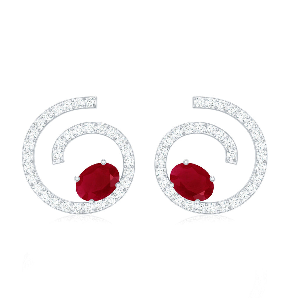 Ruby Diamond Stud Earrings - 1 CT Oval Ruby & Sparkling Diamond Swirl Studs
