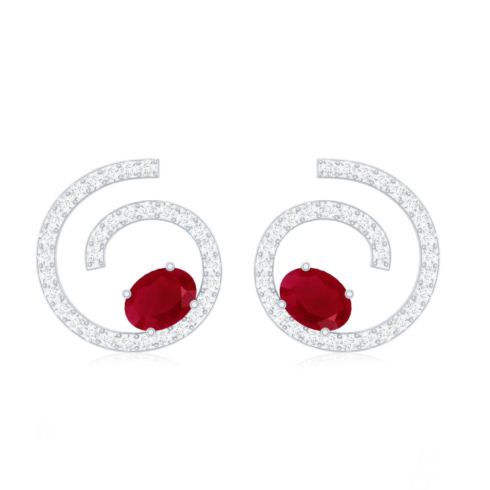 Ruby Diamond Stud Earrings - 1 CT Oval Ruby & Sparkling Diamond Swirl Studs