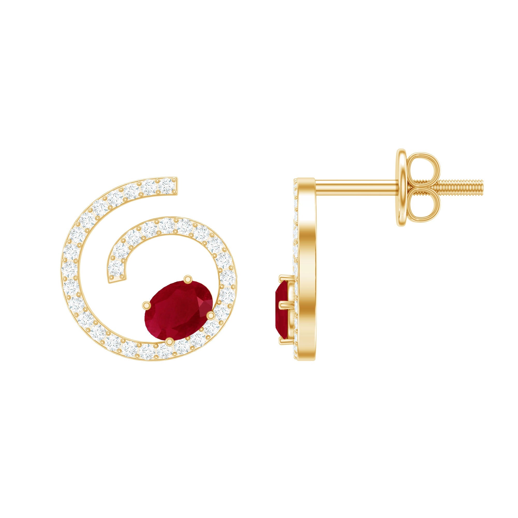 Ruby Diamond Stud Earrings - 1 CT Oval Ruby & Sparkling Diamond Swirl Studs
