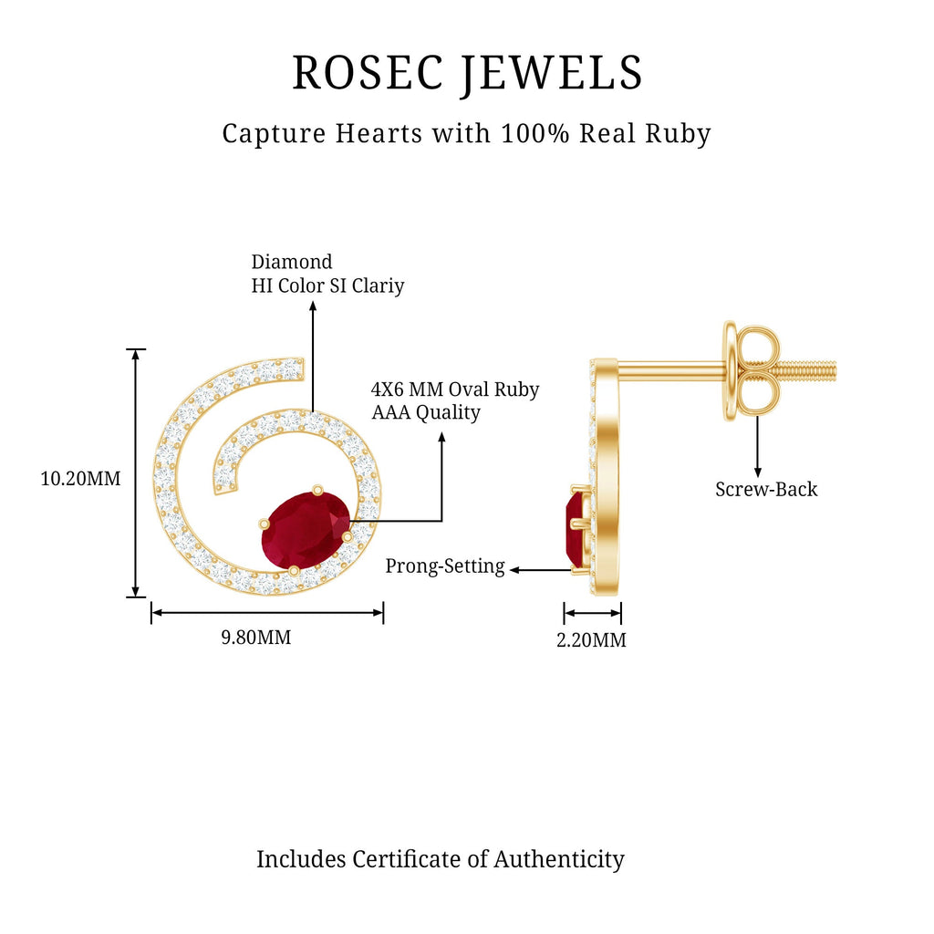 Ruby Diamond Stud Earrings - 1 CT Oval Ruby & Sparkling Diamond Swirl Studs
