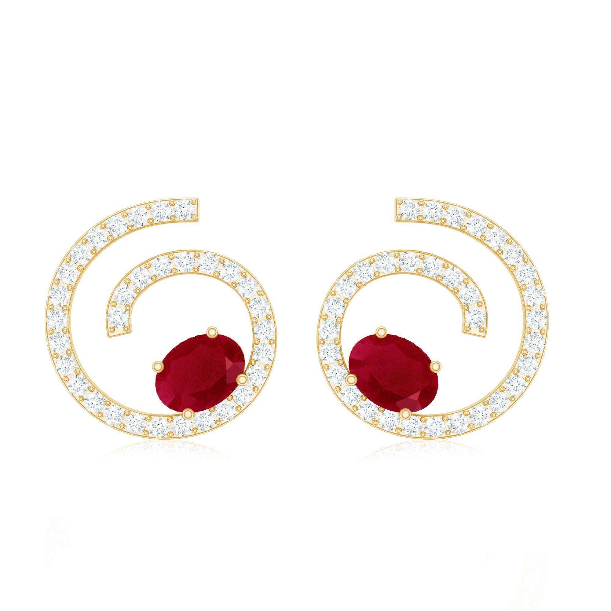 Ruby Diamond Stud Earrings - 1 CT Oval Ruby & Sparkling Diamond Swirl Studs